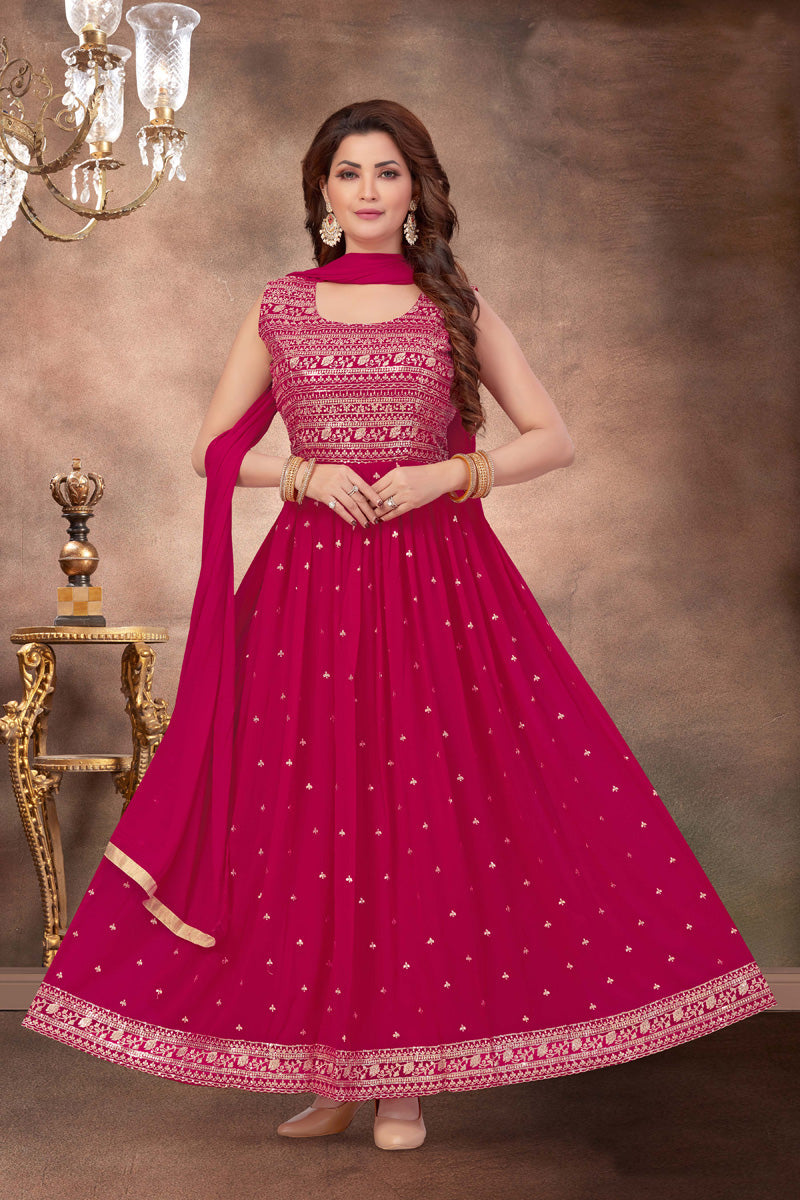 Tempting Pink Color Party Style Georgette Gown With Dupatta