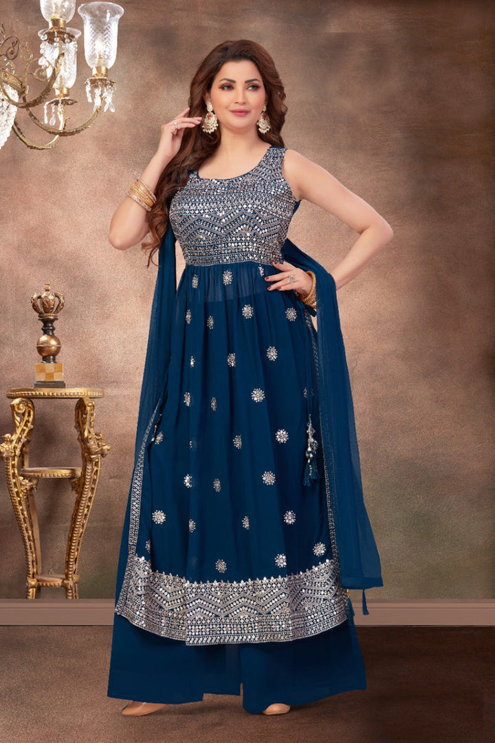 Engaging Blue Color Party Style Georgette Palazzo Suit