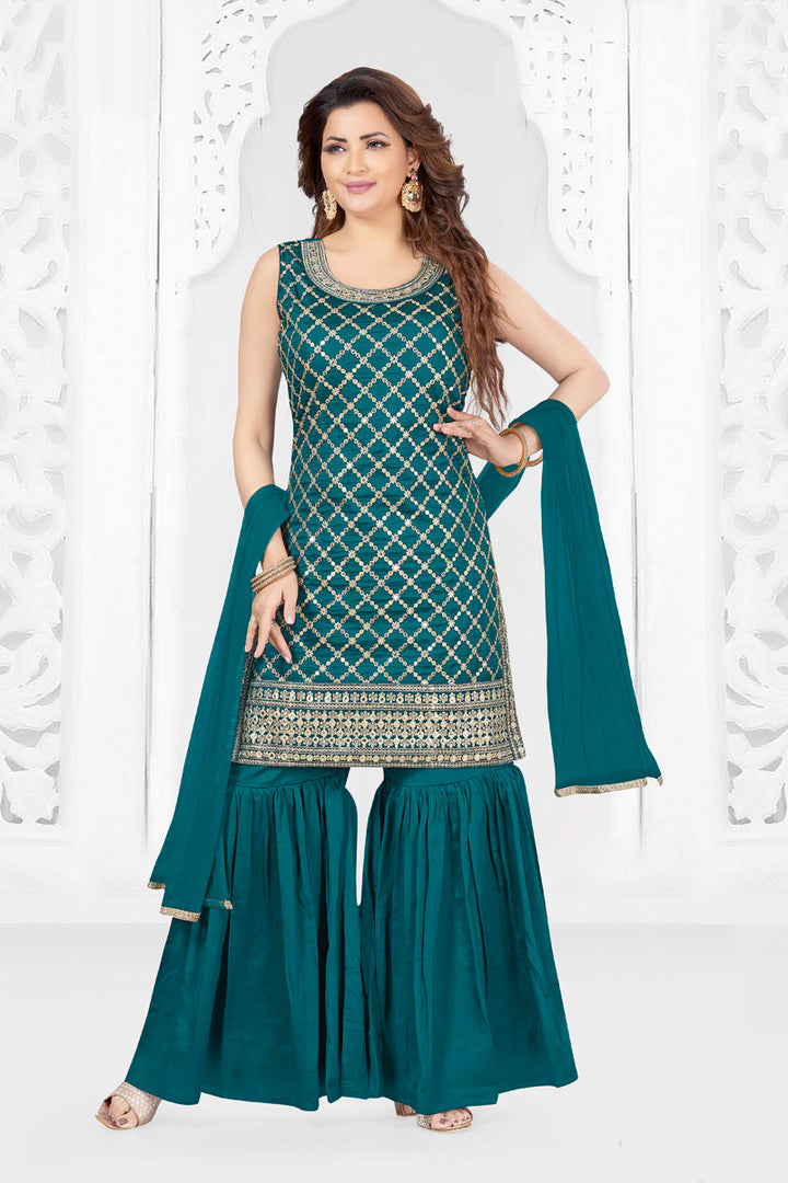 Creative Party Style Georgette Sharara Suit In Teal Color