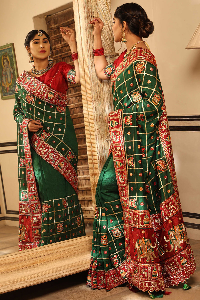 Green Color Enticing Embroidered Satin Silk Saree