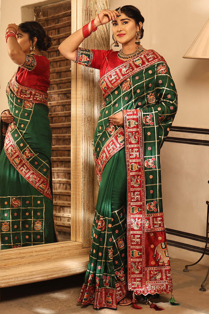 Green Color Enticing Embroidered Satin Silk Saree