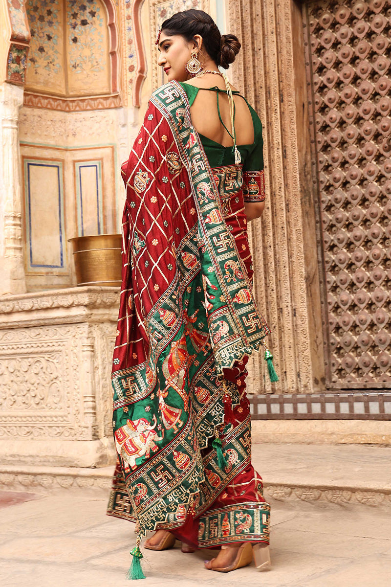 Red Color Delicate Embroidered Satin Silk Saree
