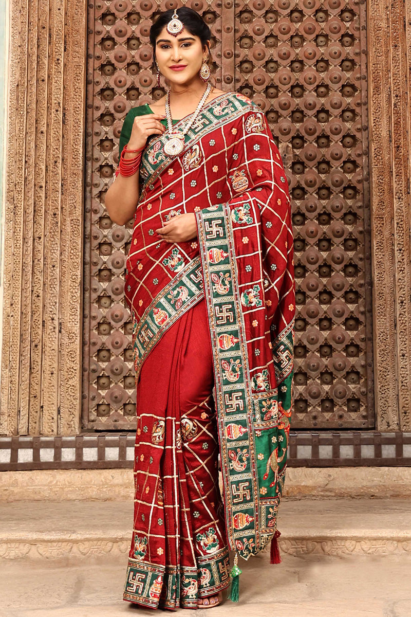 Red Color Delicate Embroidered Satin Silk Saree