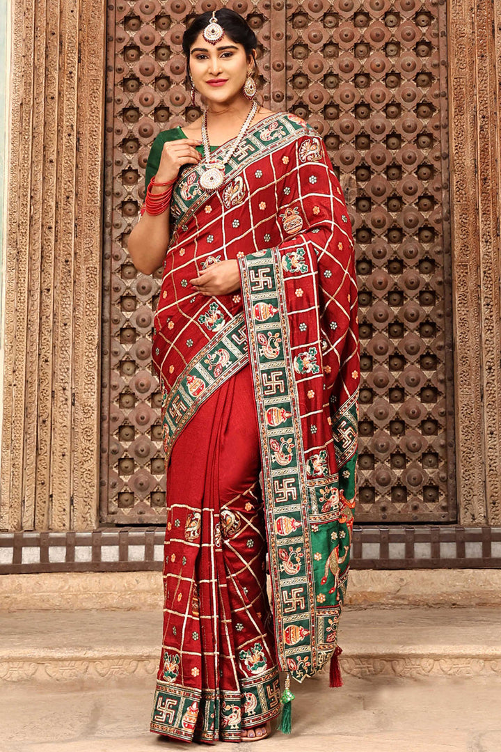 Red Color Delicate Embroidered Satin Silk Saree