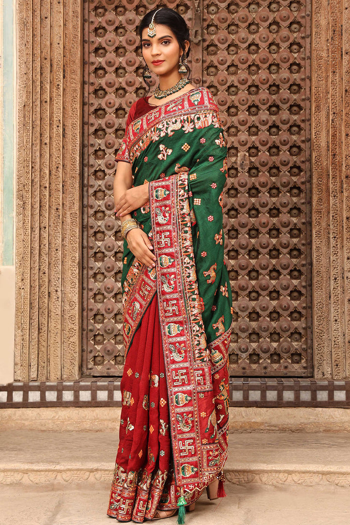 Green And Red Color Attractive Embroidered Satin Silk Saree