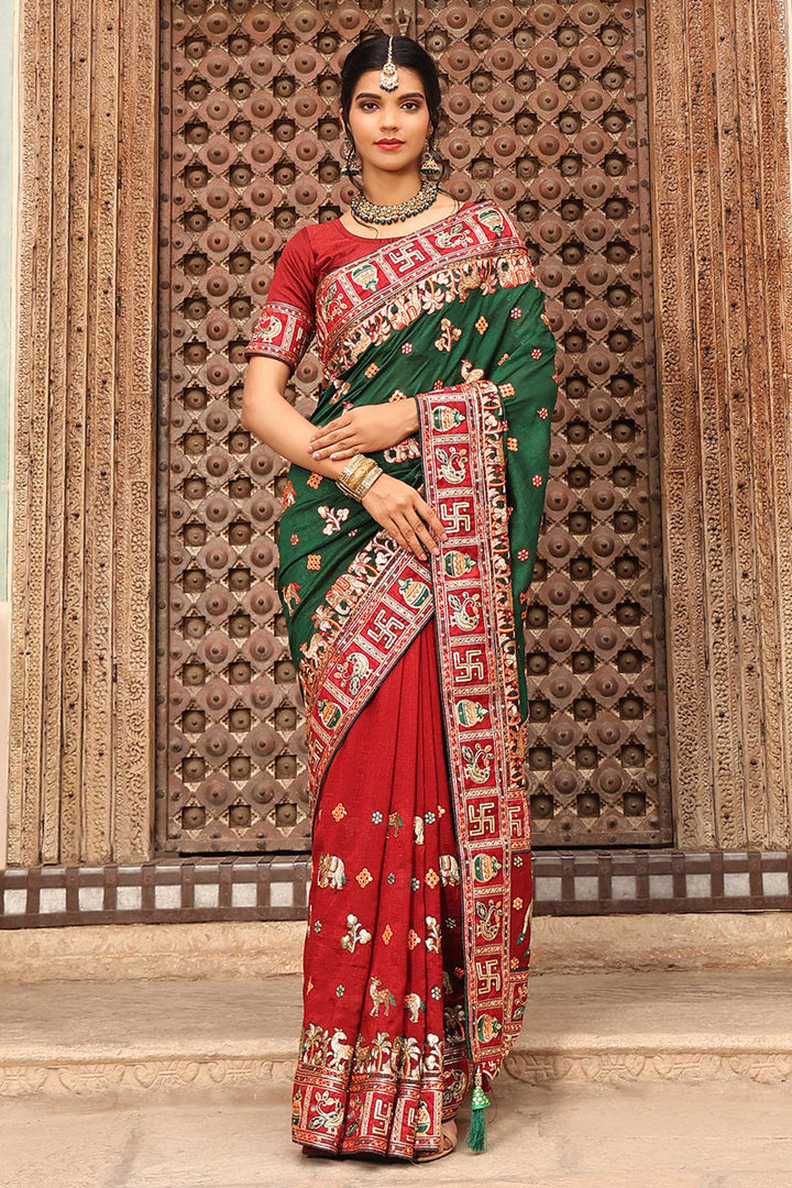 Green And Red Color Attractive Embroidered Satin Silk Saree