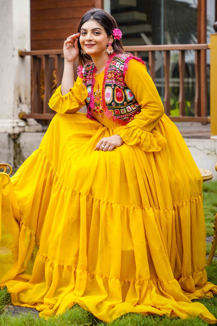 Yellow Color Embroidered Sequins Work Ruffle Gown