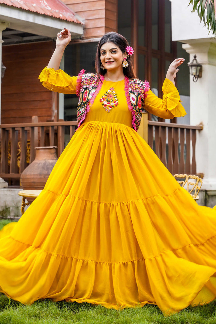 Yellow Color Embroidered Sequins Work Ruffle Gown