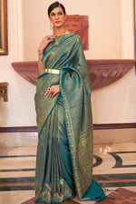 Load image into Gallery viewer, Mesmeric Art Silk Teal Color Handloom Weaving Saree
