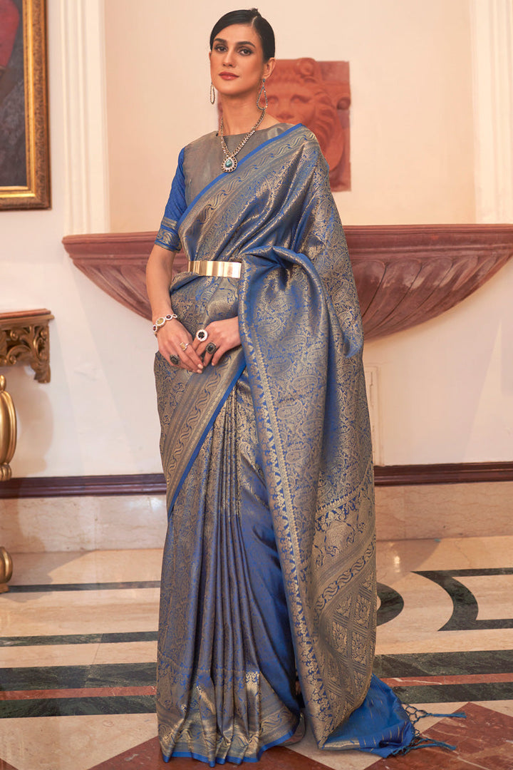 Beguiling Blue Color Art Silk Handloom Weaving Saree