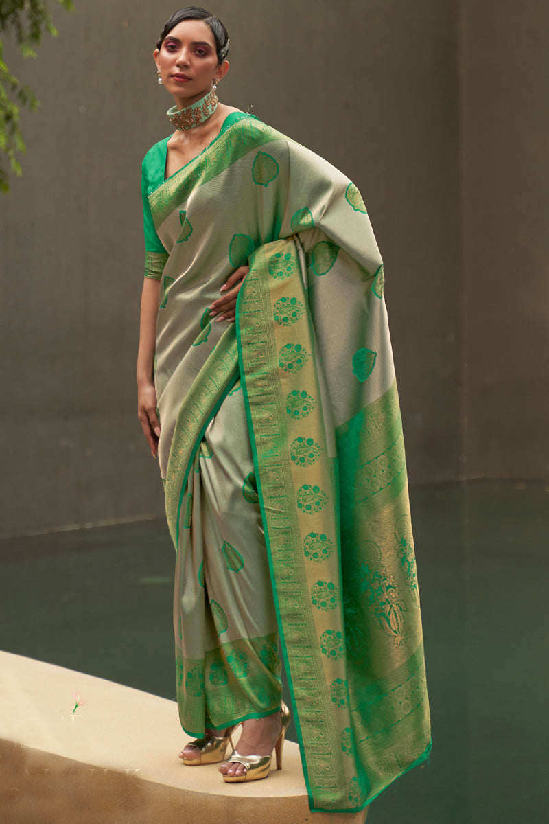 Green Nylon Two Tone Handloom Weaving Designer Saree