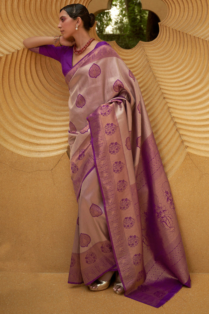 Purple Nylon Two Tone Handloom Weaving Designer Saree