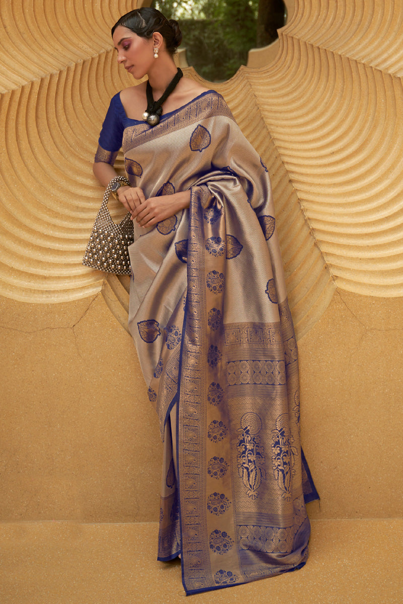 Navy Blue Nylon Two Tone Handloom Weaving Designer Saree