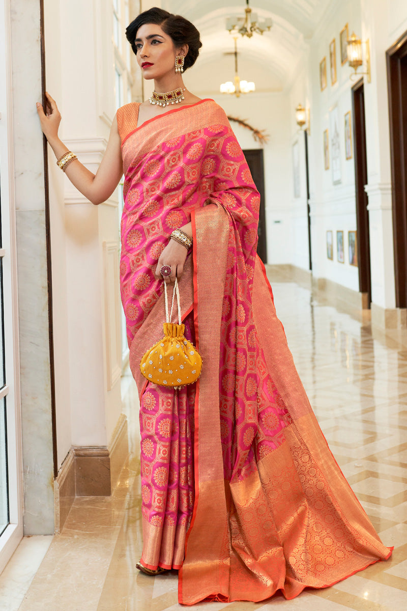French Rose Pink Patola Silk Saree | Buy Online India