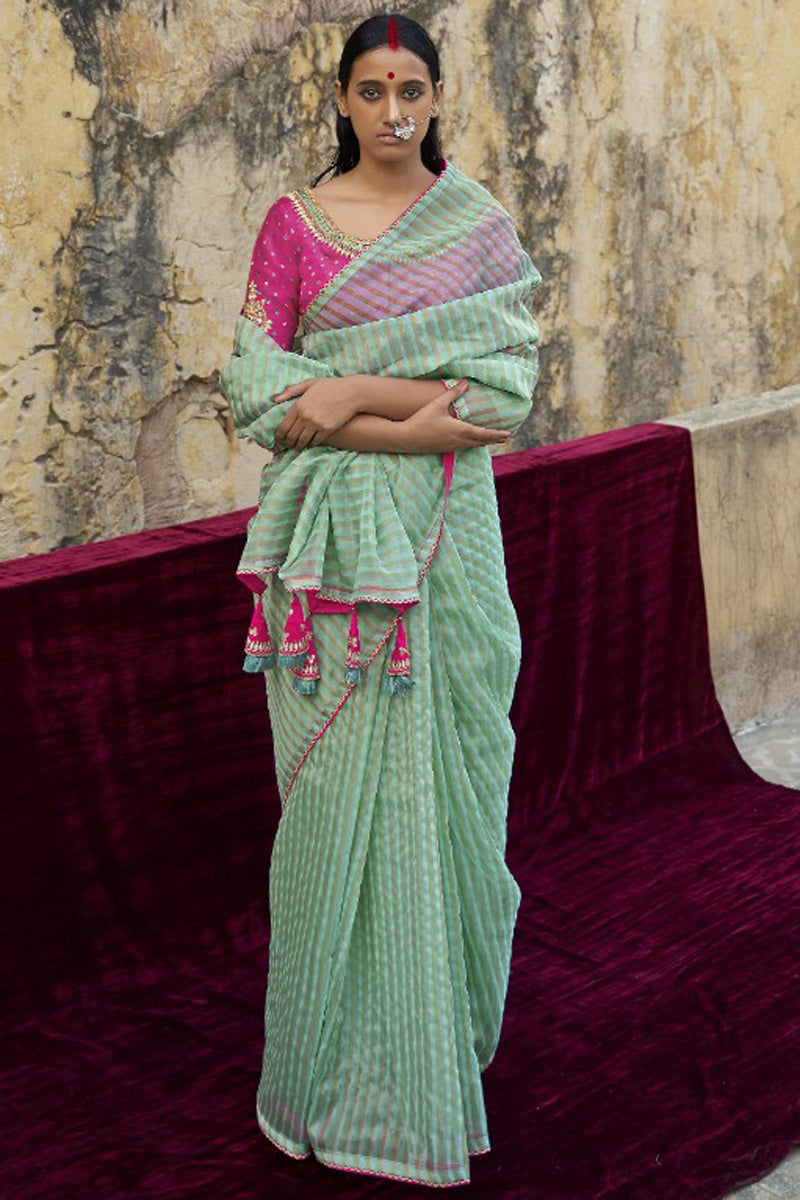 Tempting Festive Look Organza Saree In Sea Green Color