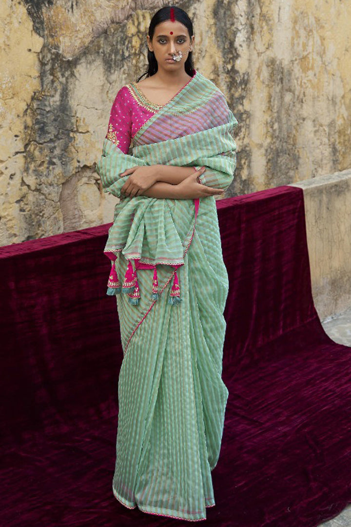 Tempting Festive Look Organza Saree In Sea Green Color