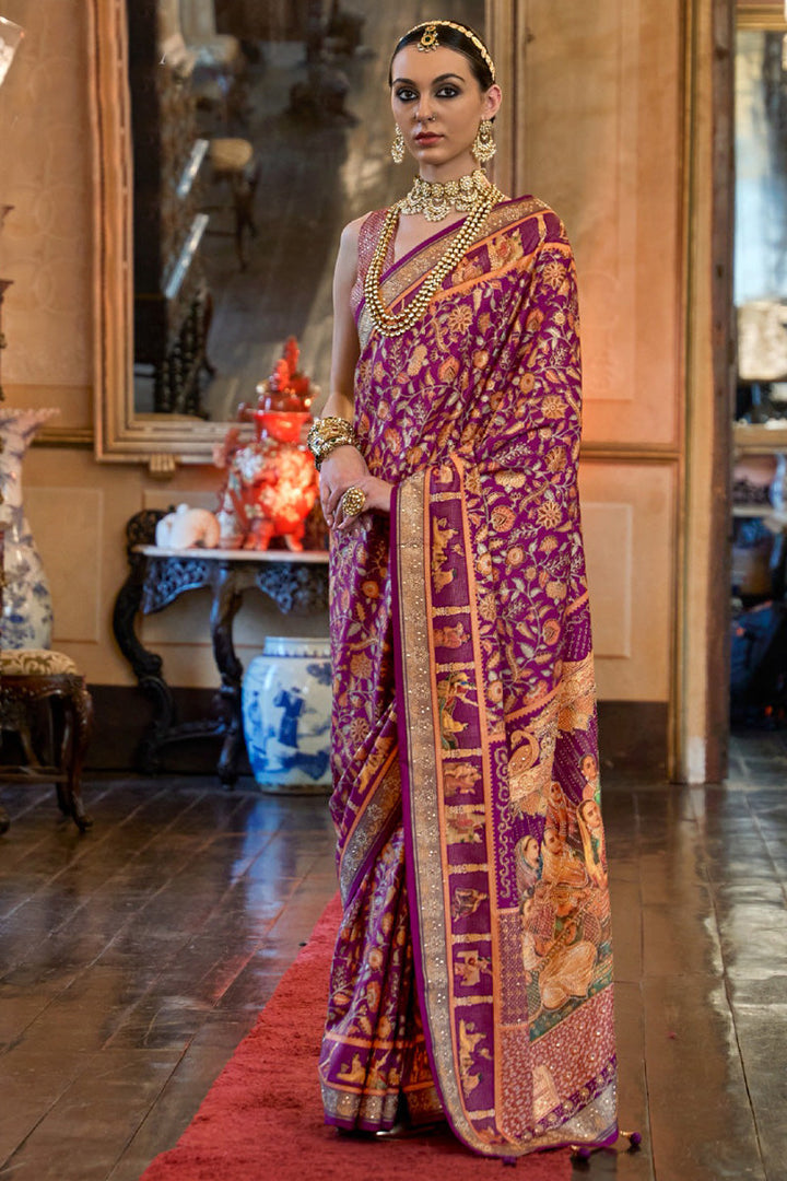 Floral Design Printed Embellished Zari Purple Saree