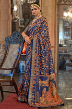 Load image into Gallery viewer, Floral Printed Beads and Stones Blue Saree
