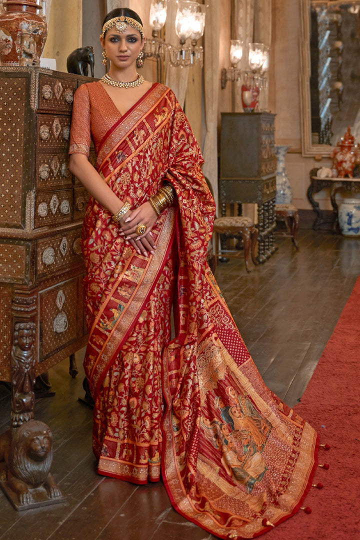 Ethnic Motifs Floral Printed Beads and Stones Red Saree