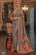 Load image into Gallery viewer, Ethnic Motifs Floral Printed Beads and Stones Grey Saree

