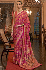 Load image into Gallery viewer, Floral Motif Zari Pink Saree With Embelished Border
