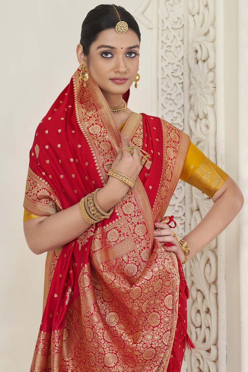 Red Jacquard Work Delicate Dola Silk Saree