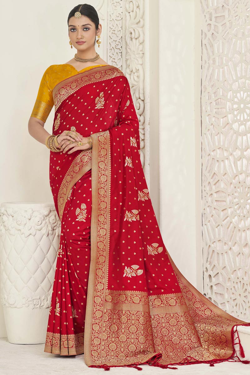 Red Jacquard Work Delicate Dola Silk Saree