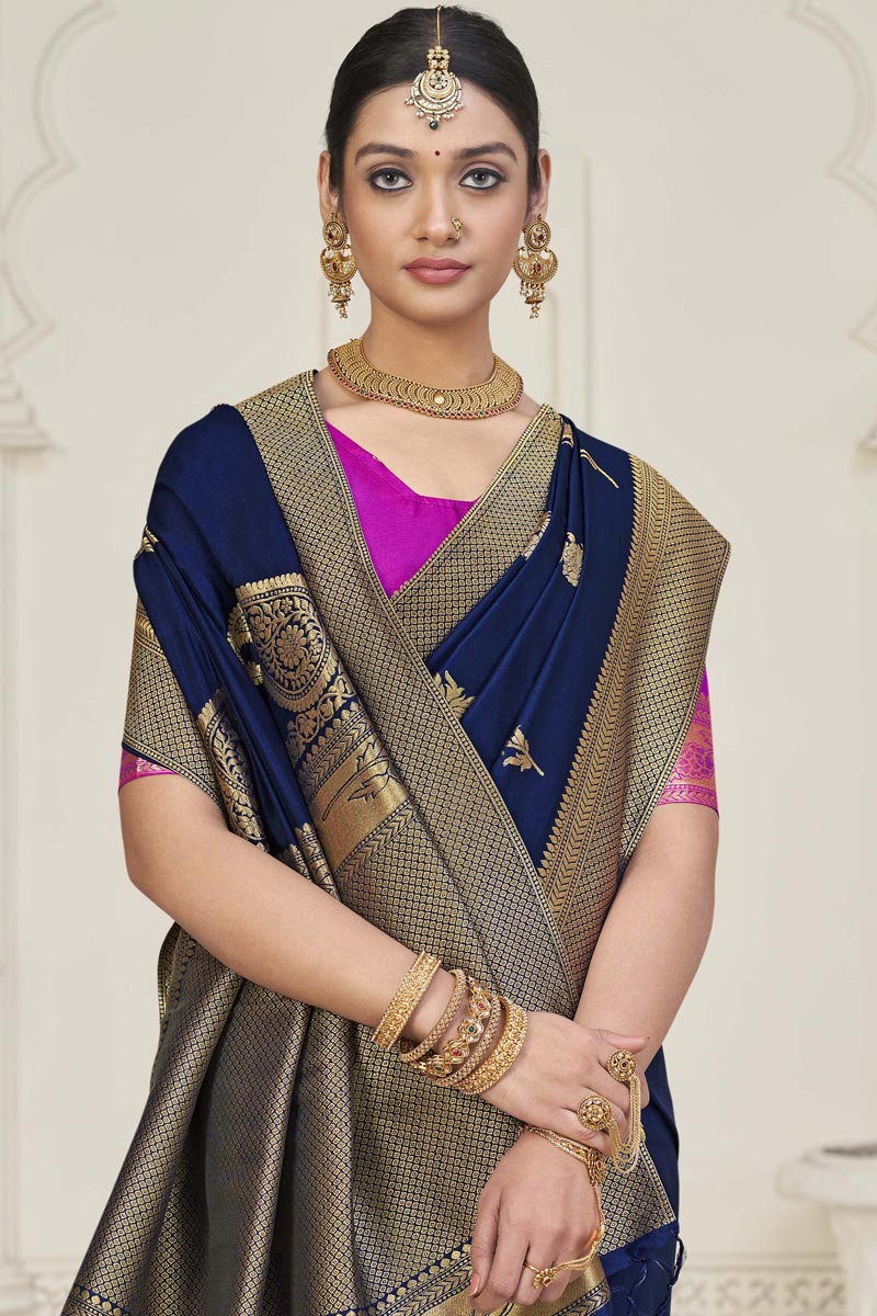 Navy Blue Jacquard Work Winsome Dola Silk Saree