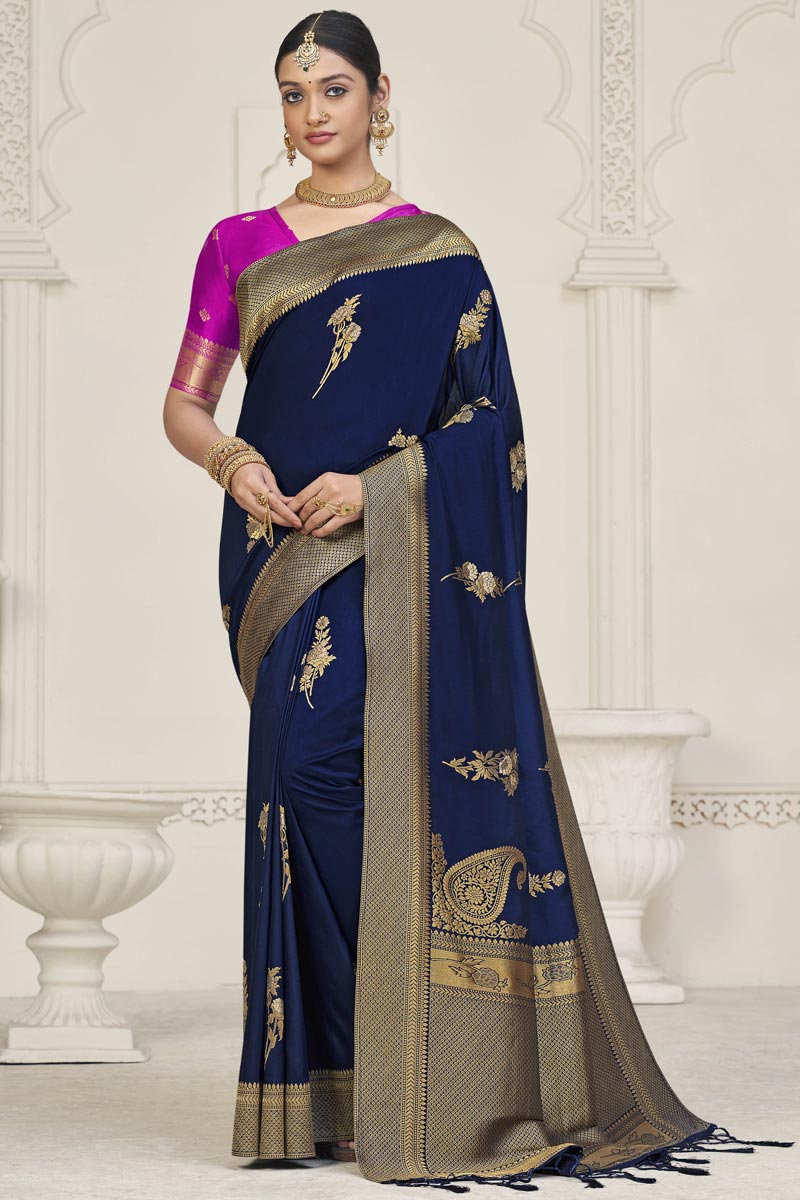 Navy Blue Jacquard Work Winsome Dola Silk Saree