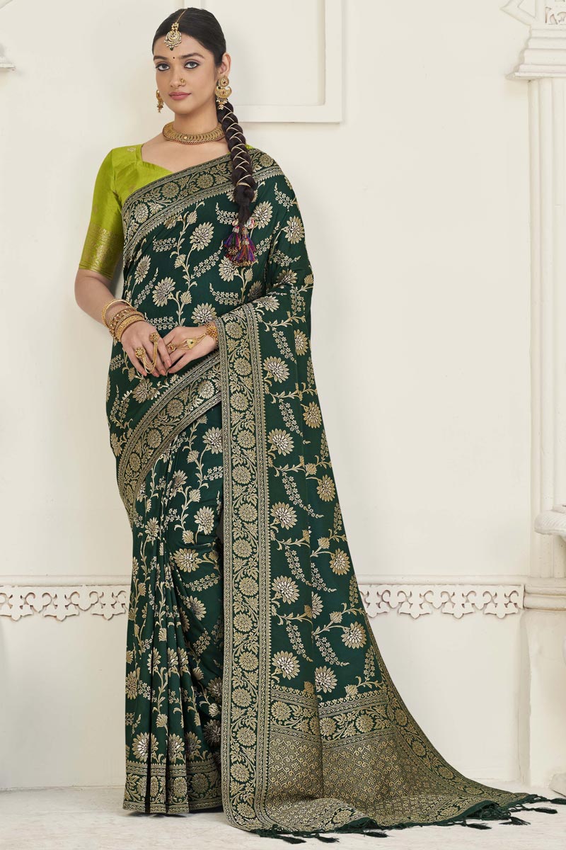 Dark Green Jacquard Work Soothing Dola Silk Saree