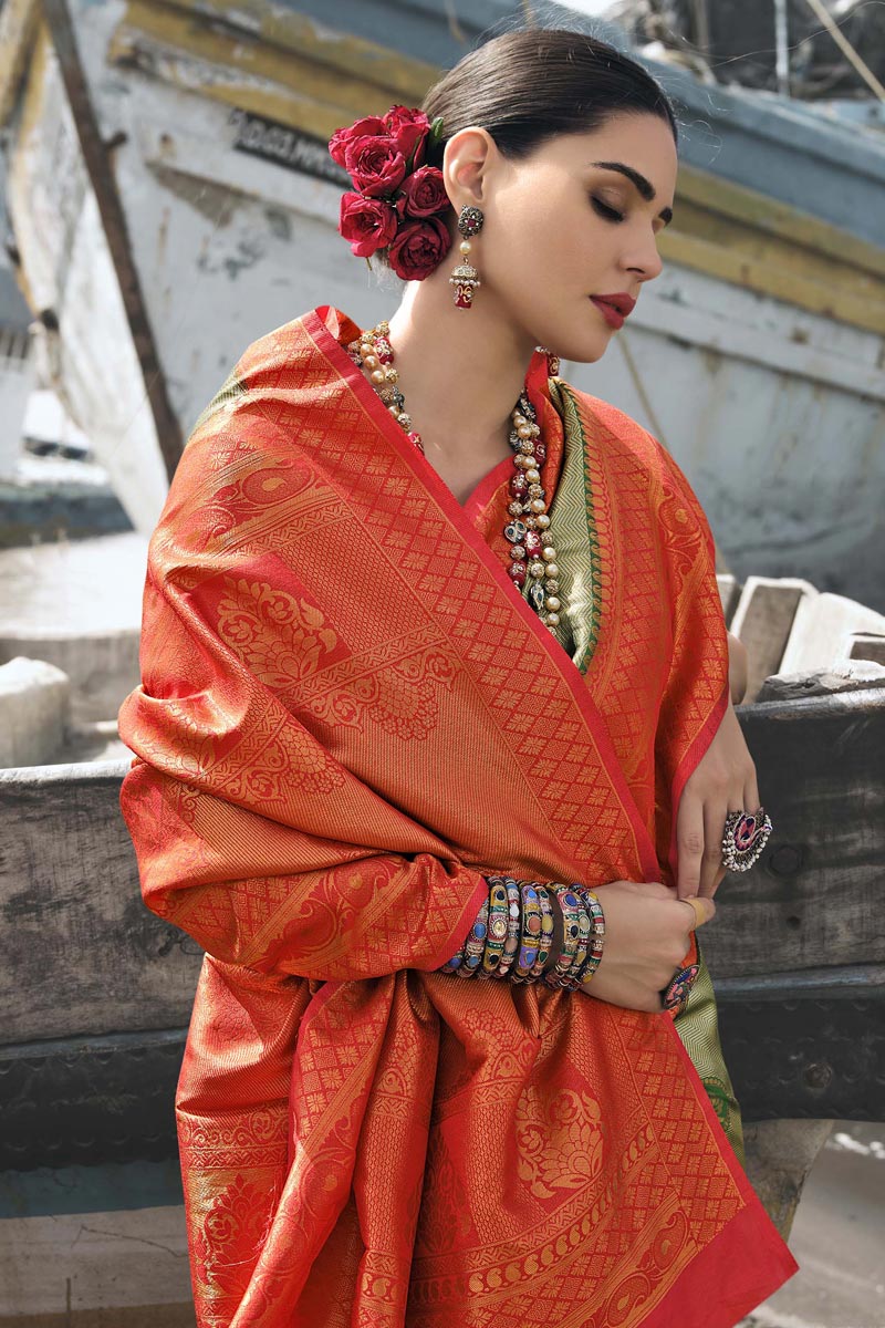Art Silk Coveted Function Saree In Green Color