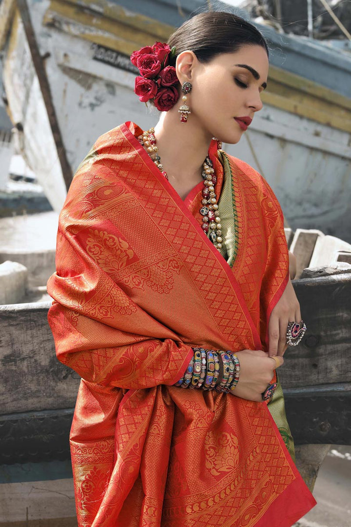 Art Silk Coveted Function Saree In Green Color