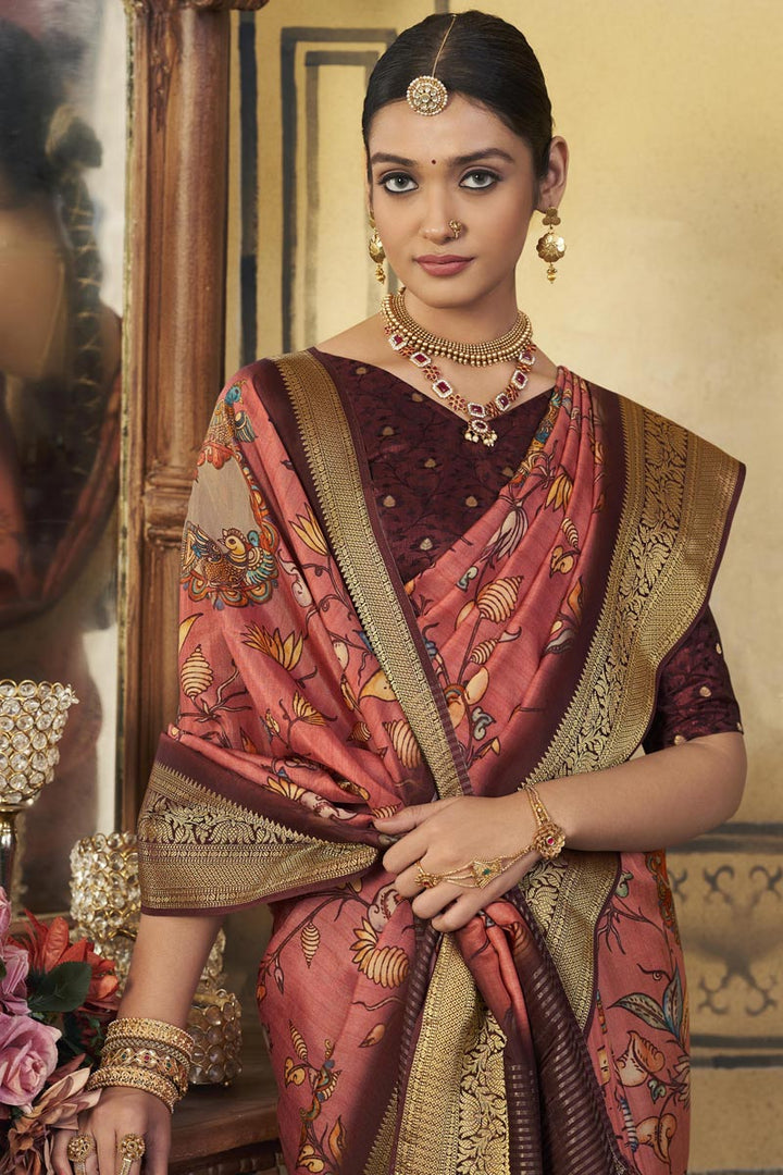 Peach Festive Look Adorning Printed Viscose Saree