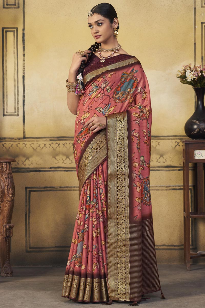 Peach Festive Look Adorning Printed Viscose Saree