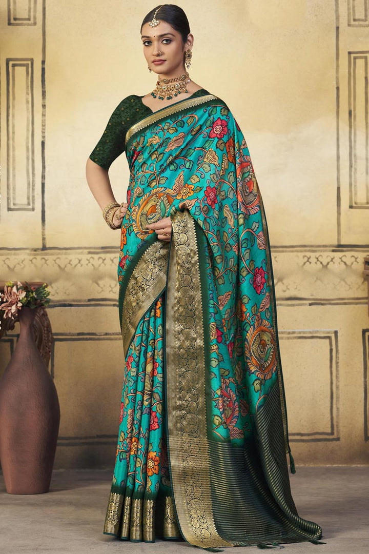 Captivating Cyan Festive Look Viscose Printed Saree