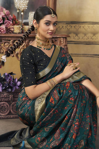 Festive Look Engaging Viscose Printed Teal Saree