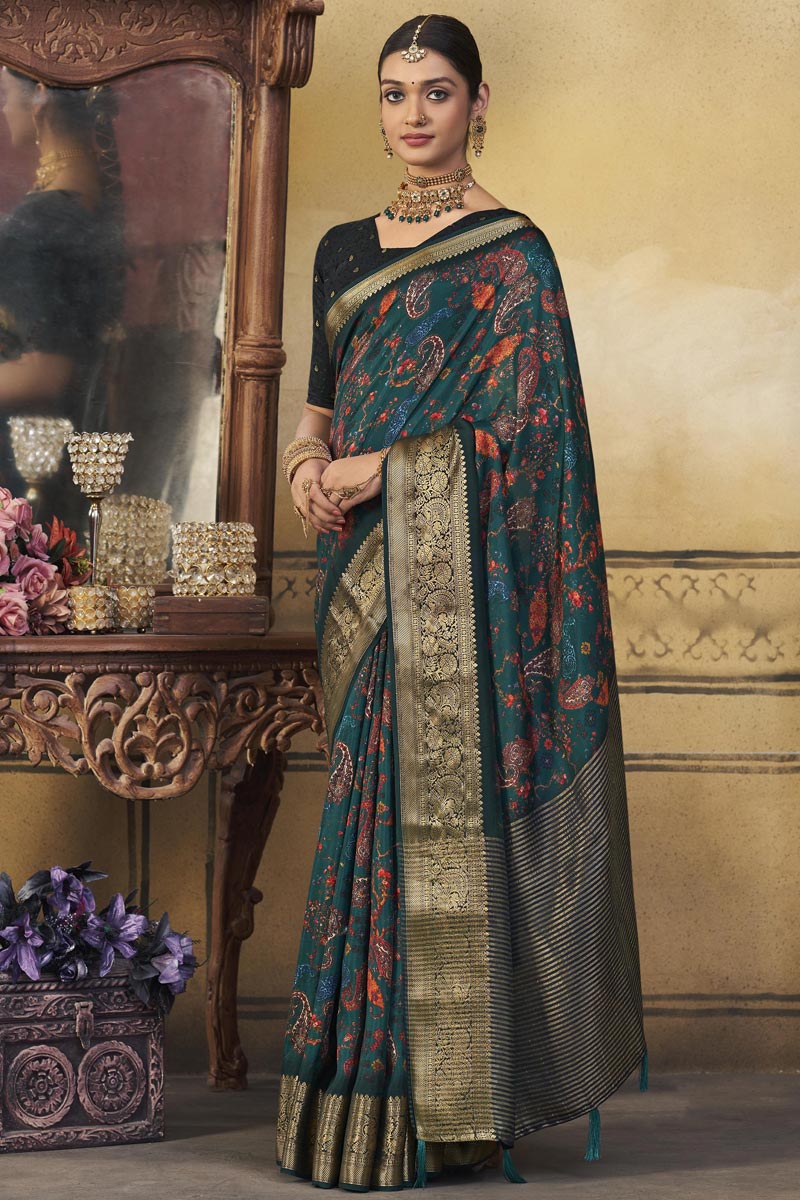 Festive Look Engaging Viscose Printed Teal Saree