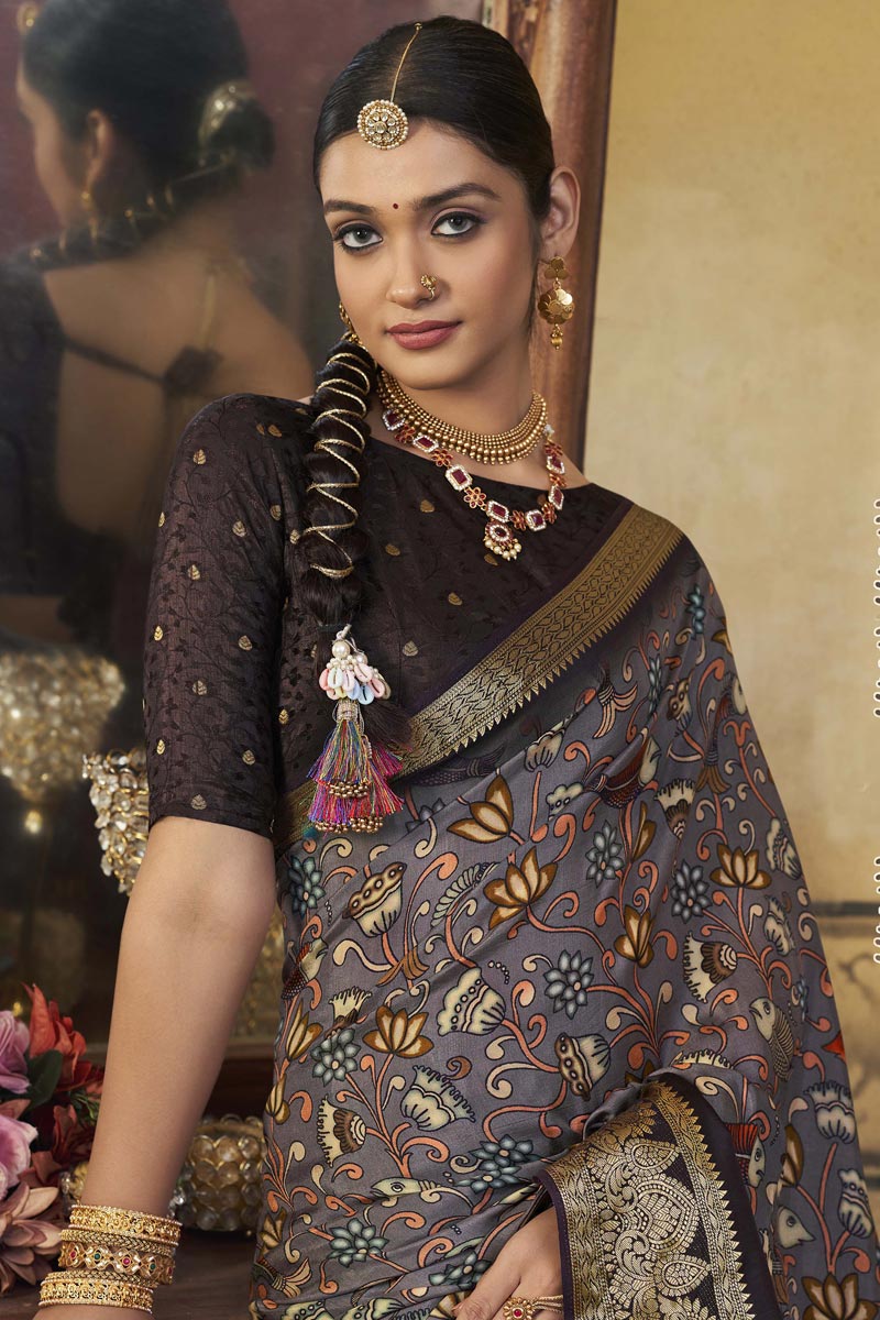 Grey Admirable Festive Look Viscose Printed Saree