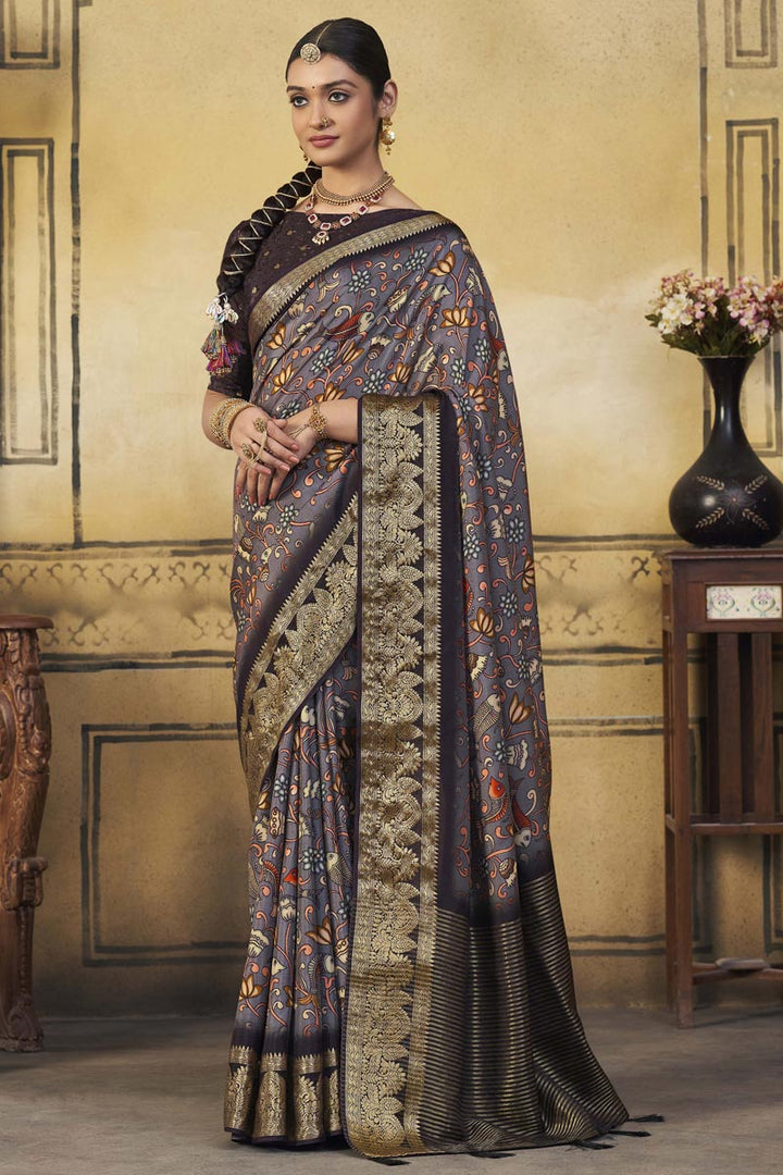 Grey Admirable Festive Look Viscose Printed Saree