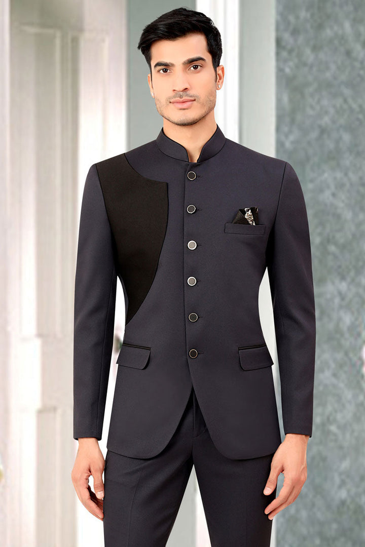 Grey Color Rayon Fabric Wedding Style Magnificent Readymade Jodhpuri Jacket