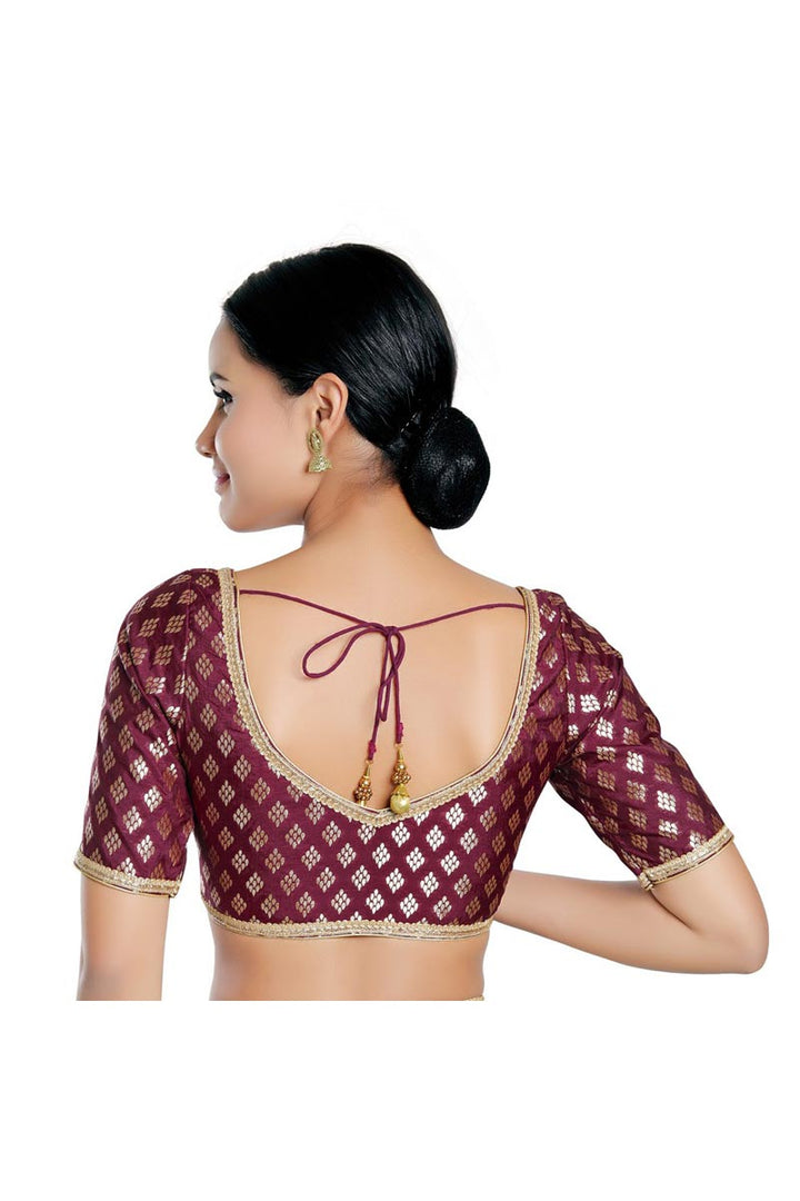 Brocade Fabric Readymade Blouse In Wine Color