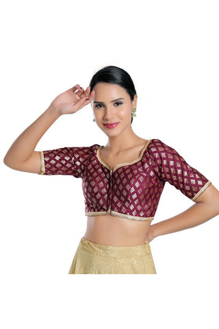 Brocade Fabric Readymade Blouse In Wine Color