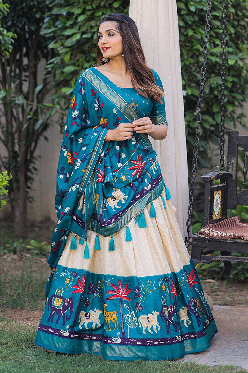 Dola Silk Fabric Cyan Function Wear Foil Printed Lehenga