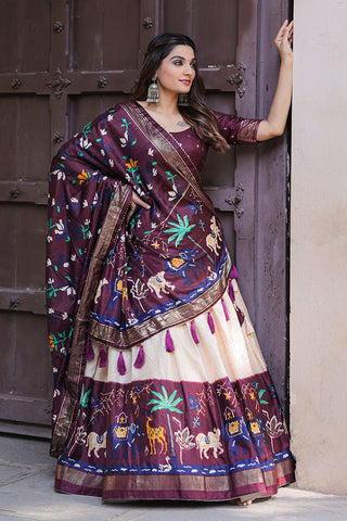 Dola Silk Fabric Wine Function Wear Foil Printed Lehenga