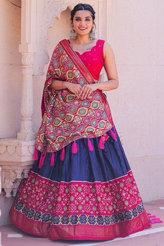 Foil Printed Work On Dola Silk Blue Color Lehenga Choli