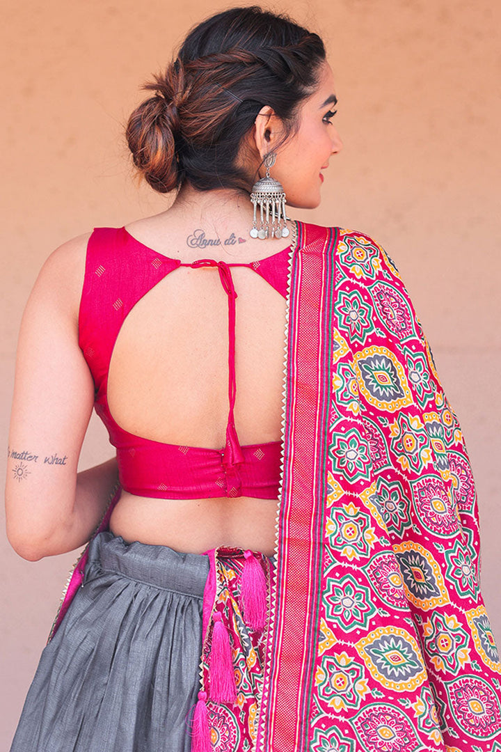 Grey Color Dola Silk Lehenga Choli With Foil Printed Work