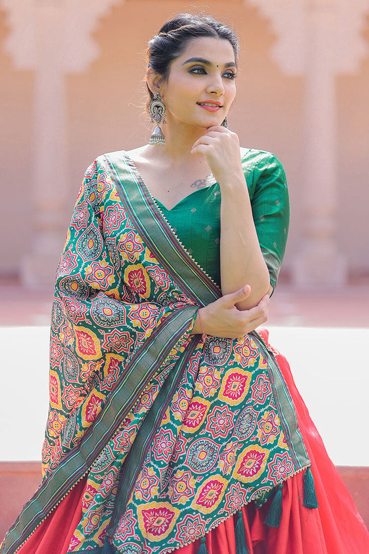 Foil Printed Work On Red Color Dola Silk Lehenga Choli