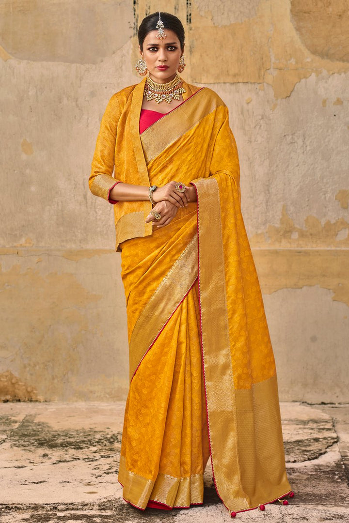 Art Silk Fabric Yellow Color Weaving Work Festive Wear Saree