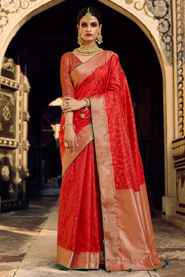 Art Silk Red Color Weaving Work Festive Wear Fancy Saree