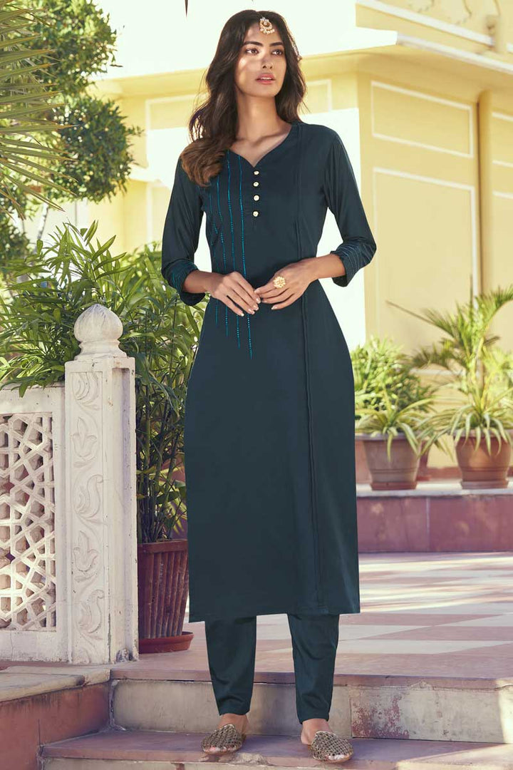 Lavish Art Silk Fabric Casual Wear Teal Color Embroidered Work Kurti With Bottom